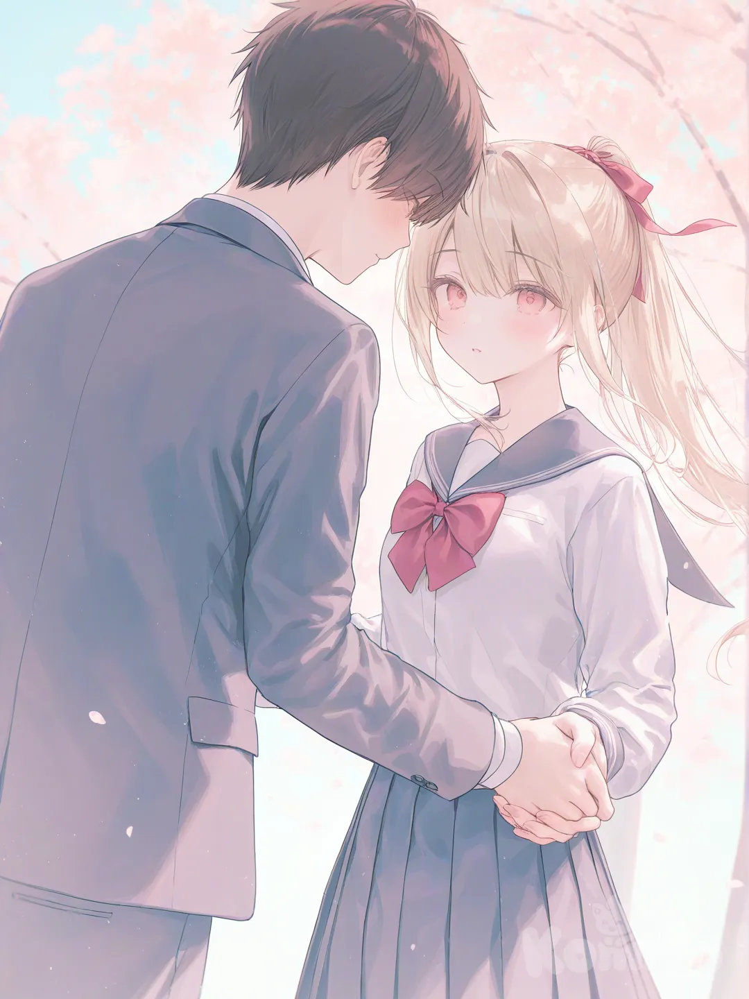 1boy, 1girl, 2people, school uniform, holding hands, blonde hair, brown hair, high pony tail, red bow in hair, [soft-pastel-style]