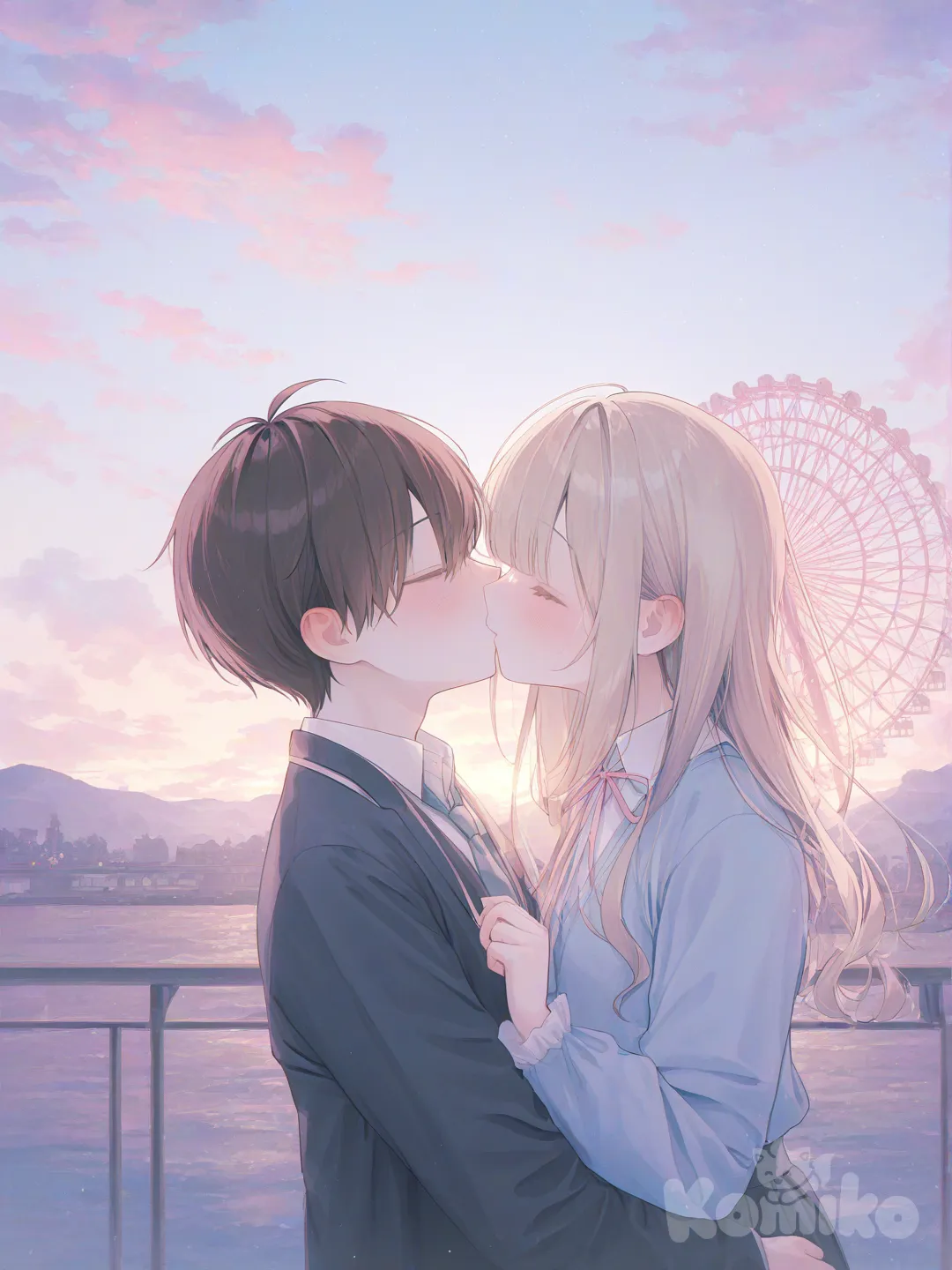 1boy, 1girl, 2people, on ferris wheel, kissing, sunset, blush, blonde hair, brown hair, [soft-pastel-style]