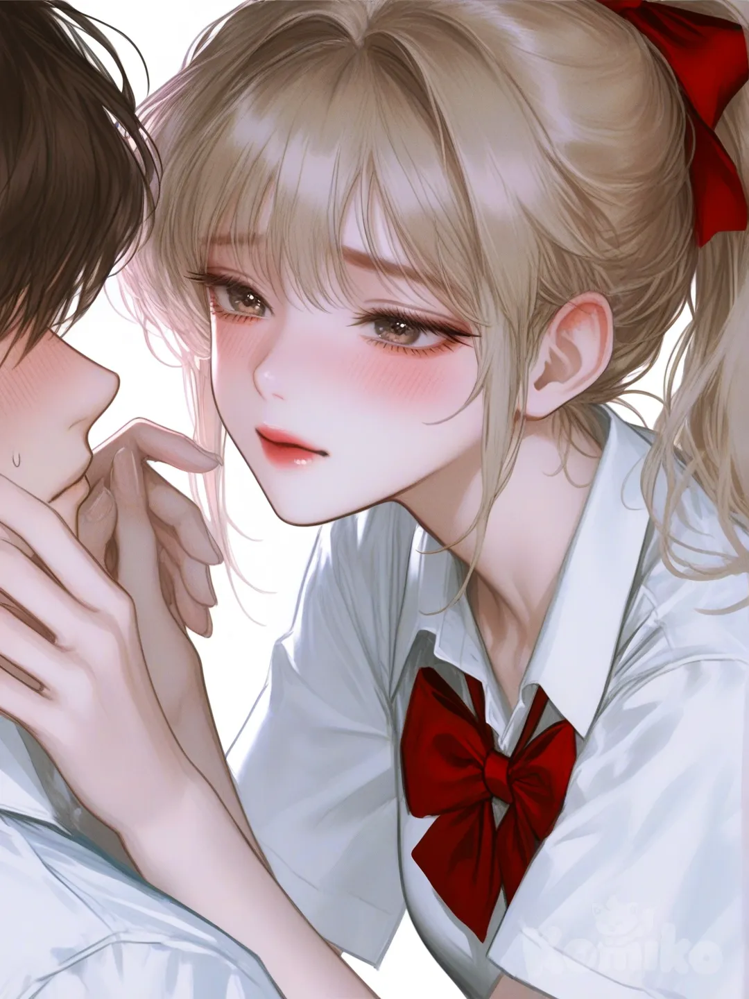 1boy, 1girl, 2people, school uniform, holding hands, blush, high pony tail, blonde hair, brown hair, red bow in hair, [semi-realistic-portrait-style]