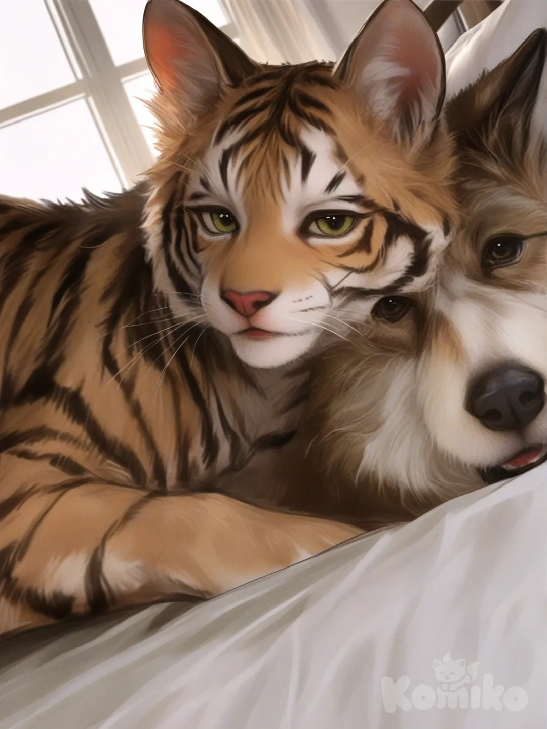 1 dog, laying in dog bed, brown hair, 1 cat cuddling with dog in dog bed, ginger hair, tiger stripes, [semi-realistic-portrait-style]