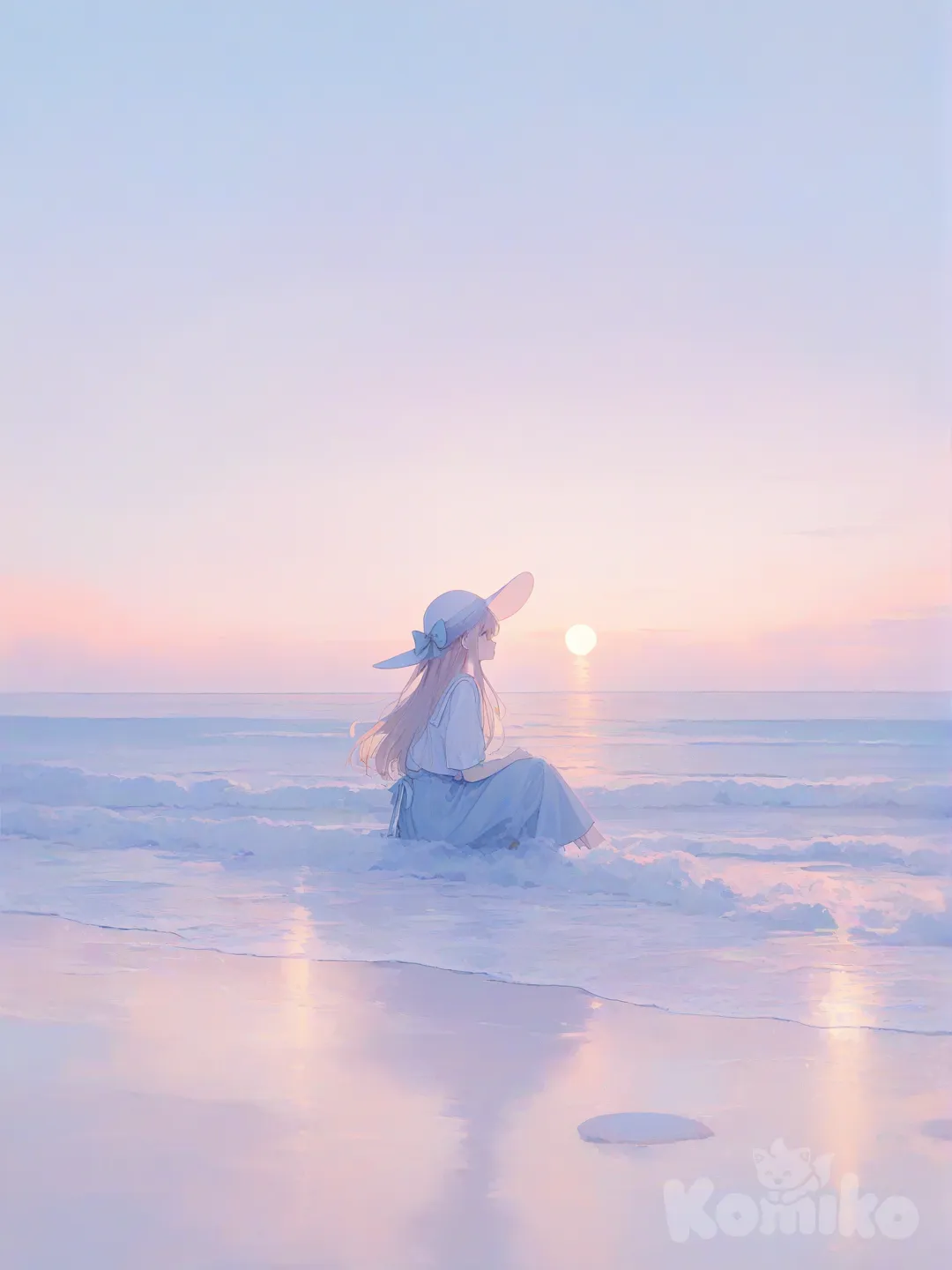 1girl, sitting on beach, watching the sunset, sunset, beach hat, blonde hair, purple bow in hair, [soft-pastel-style]