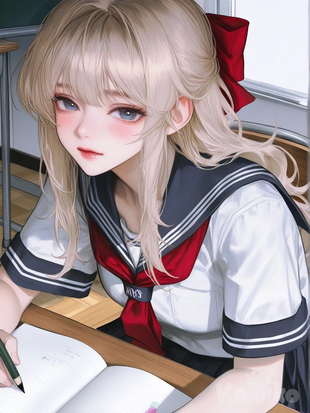 1girl, school uniform, sitting at desk, doing homework, blonde hair, bow in hair, blue eyes, blush, [semi-realistic-portrait-style]