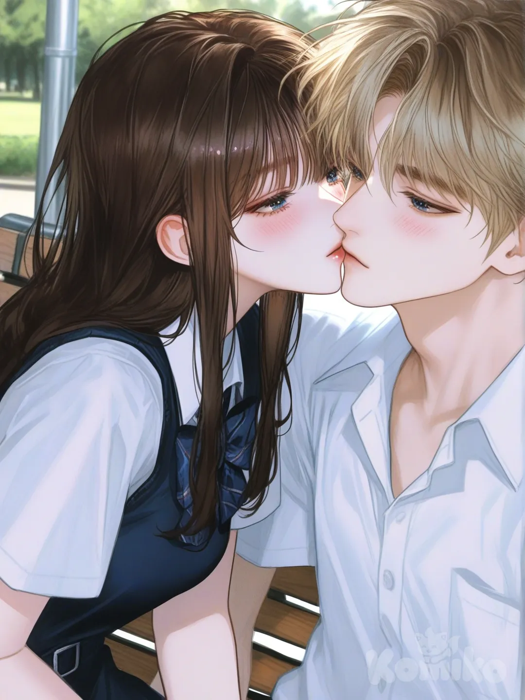 1boy, 1girl, 2people, sitting on bench, blush, kissing, school uniform, blonde hair, brown hair, [semi-realistic-portrait-style]