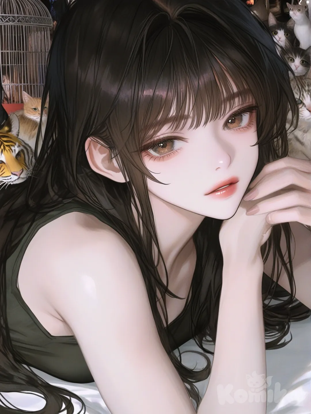 1 cat, in a zoo, tiger stripes, people outside the cage looking at the tiger, [semi-realistic-portrait-style], lie on stomache, head tilt