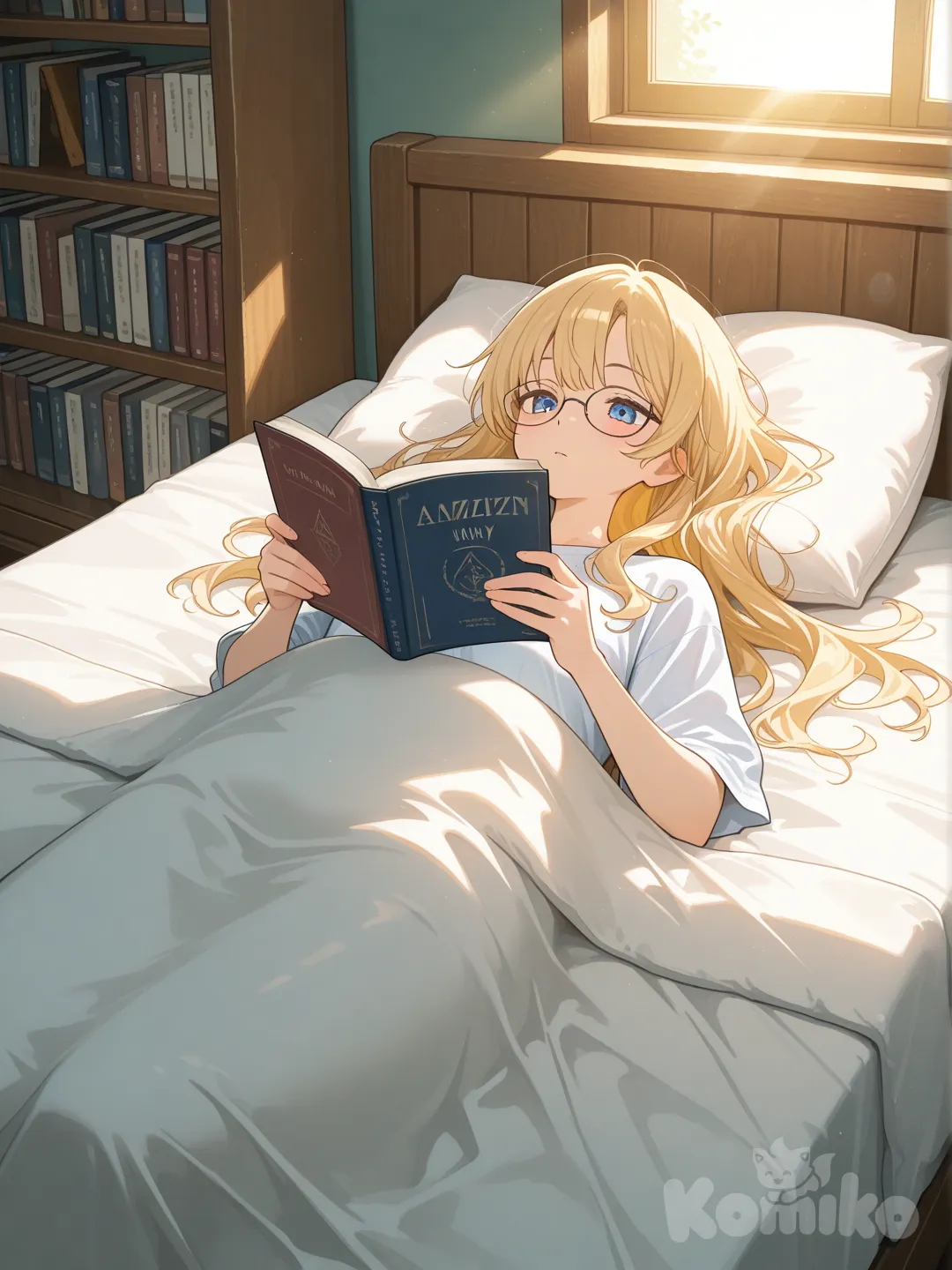 1girl, laying on her back, on bed, reading book, a lot of books in the background, sun coming through window, glasses, blonde hair, long