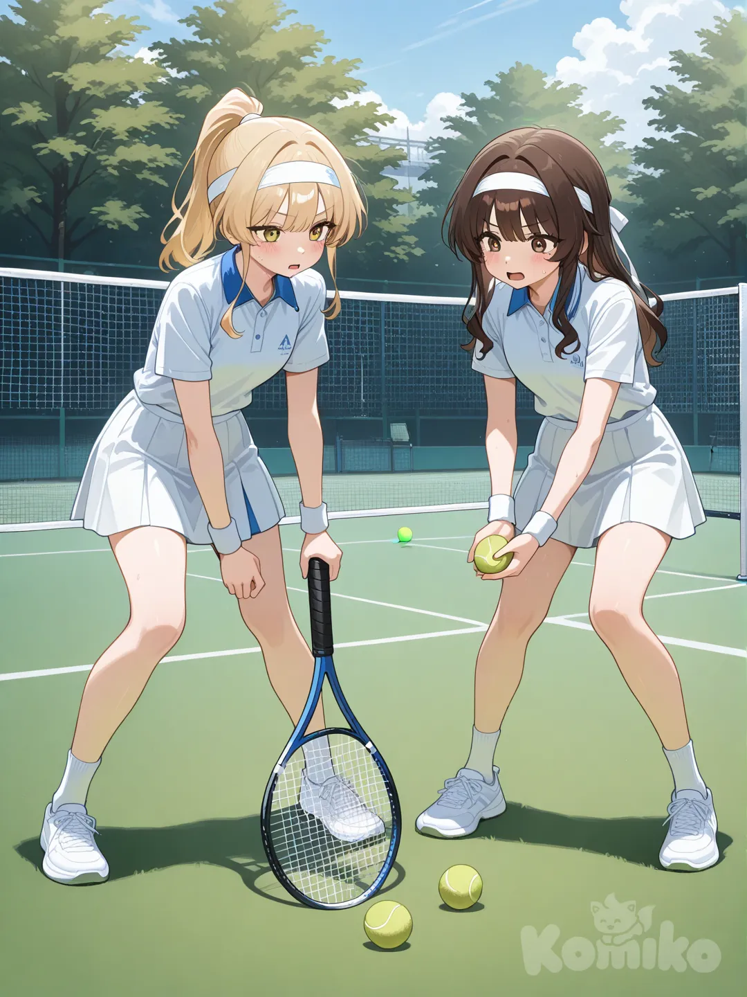 2girls, tennis racket in both of their hands, tennis ball being served, tennis net, blonde hair, brown hair, long, high ponytail, down, headband, white skirt
