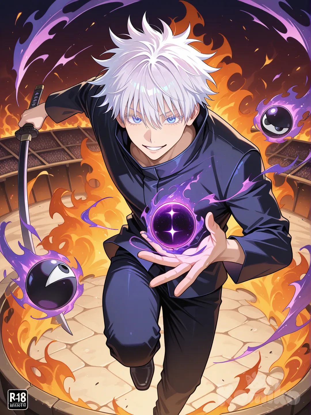 @Gojou_Satoru, purple magic floating in handing looking like a little ball, fire background, in arena