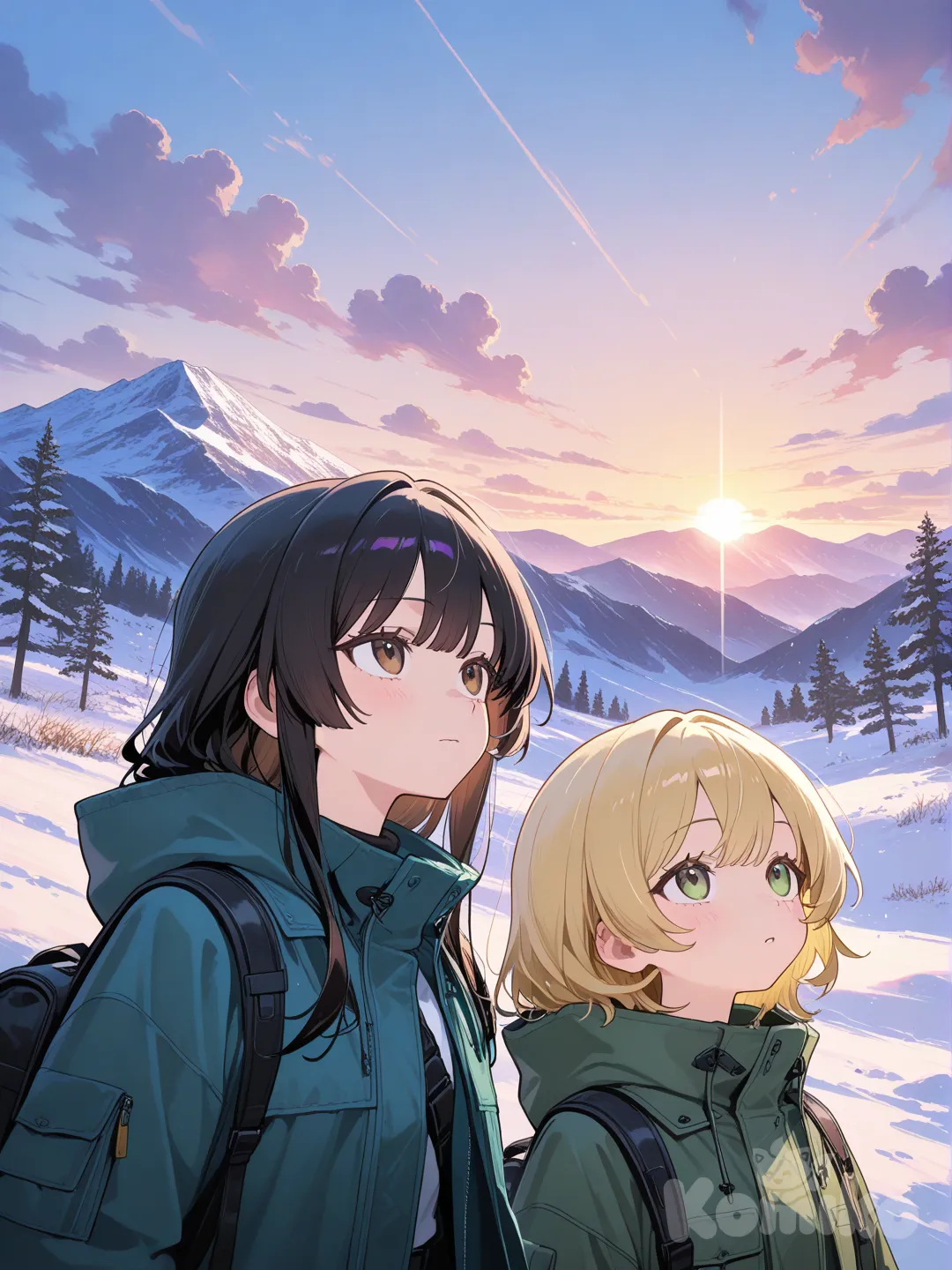 Scene: Mountain summit sunrise
Girls: 2
Appearance:
– Girl 1: Green eyes, black hair
– Girl 2: Brown eyes, blonde hair
Action: Watching sunlight hit the peaks