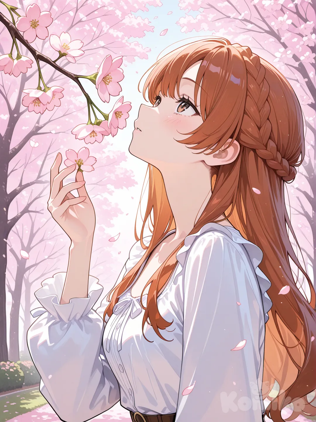 Scene: Cherry orchard in full bloom
Girls: 1
Appearance: Brown eyes, auburn crown braid, soft blouse
Action: Reaching up to touch a blossom