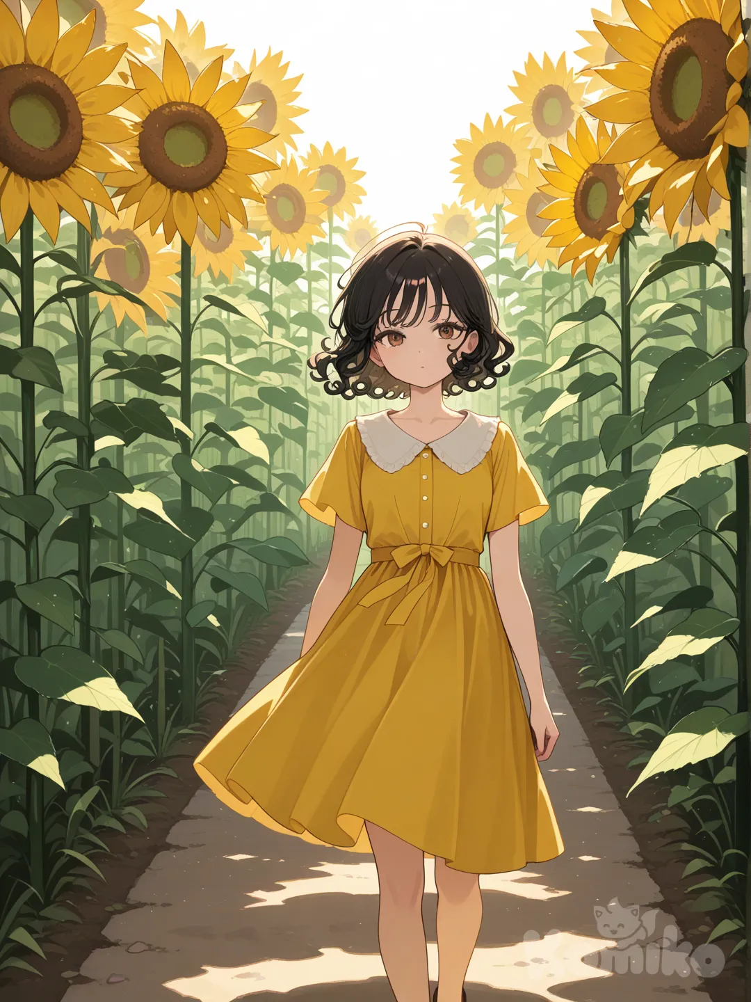 Scene: Field of tall sunflowers
Girls: 1
Appearance: Brown eyes, curly dark hair, yellow dress
Action: Walking between sunflowers
