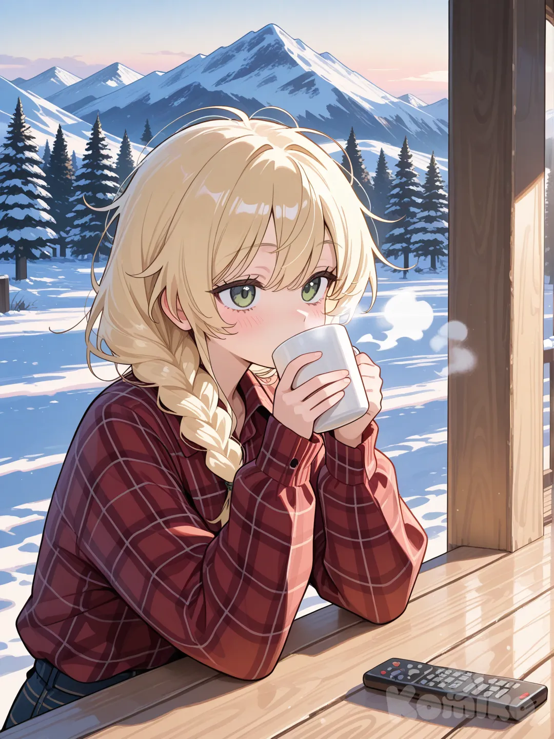 Scene: Remote mountain cabin porch
Girls: 1
Appearance: Green eyes, blonde messy braid, flannel shirt
Action: Drinking warm cocoa