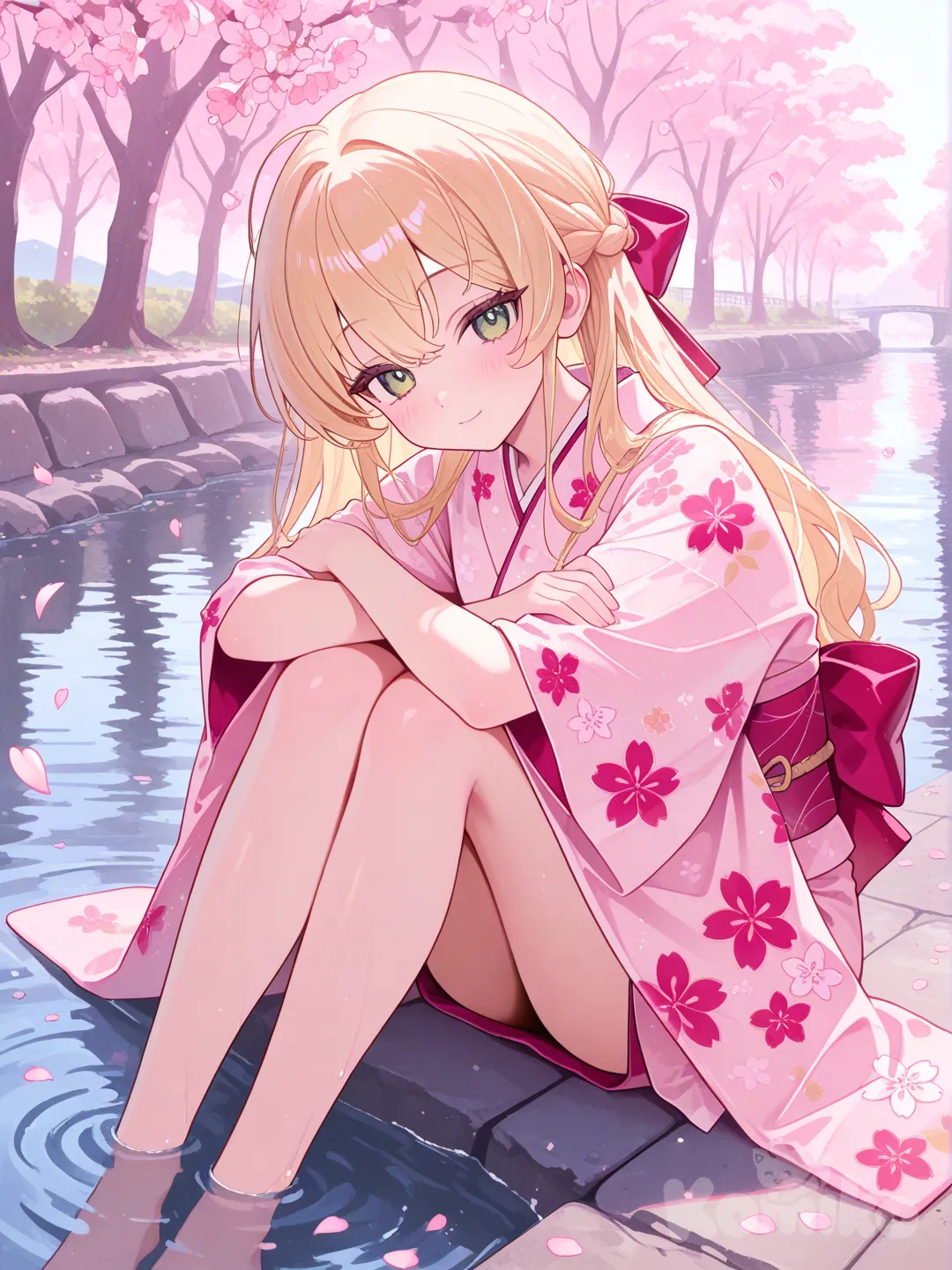 Scene: Peaceful cherry-blossom riverside
Girls: 1
Appearance: Soft green eyes, strawberry-blonde hair, floral kimono
Action: Sitting by the river with petals drifting around