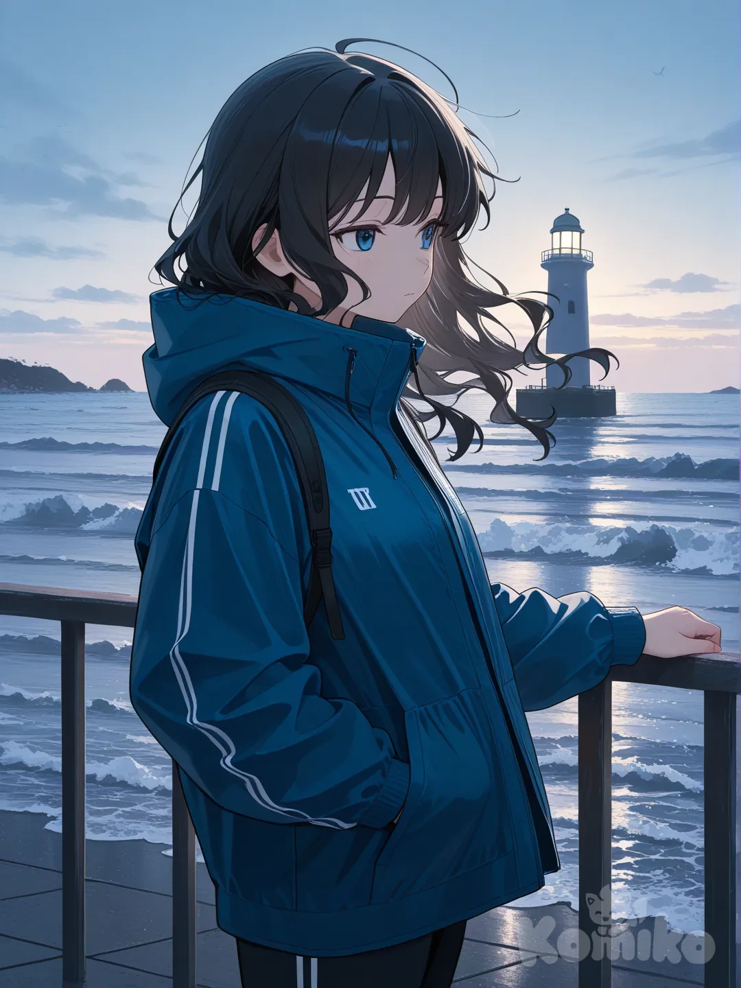 Scene: Mysterious old lighthouse
Girls: 1
Appearance: Blue eyes, dark wavy hair, windbreaker
Action: Standing near railing looking out to sea
