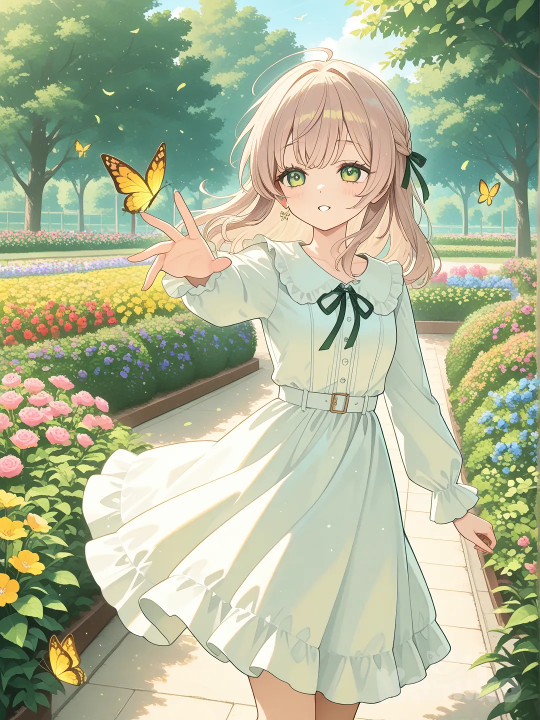 Scene: Garden full of colorful butterflies
Girls: 1
Appearance: Green eyes, light brown hair, soft dress
Action: Holding out her hand toward a butterfly
