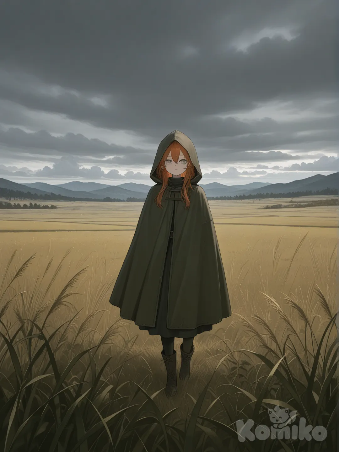 Scene: Cloudy moorlands
Girls: 1
Appearance: Gray eyes, copper hair, hooded cloak
Action: Walking through tall grass
