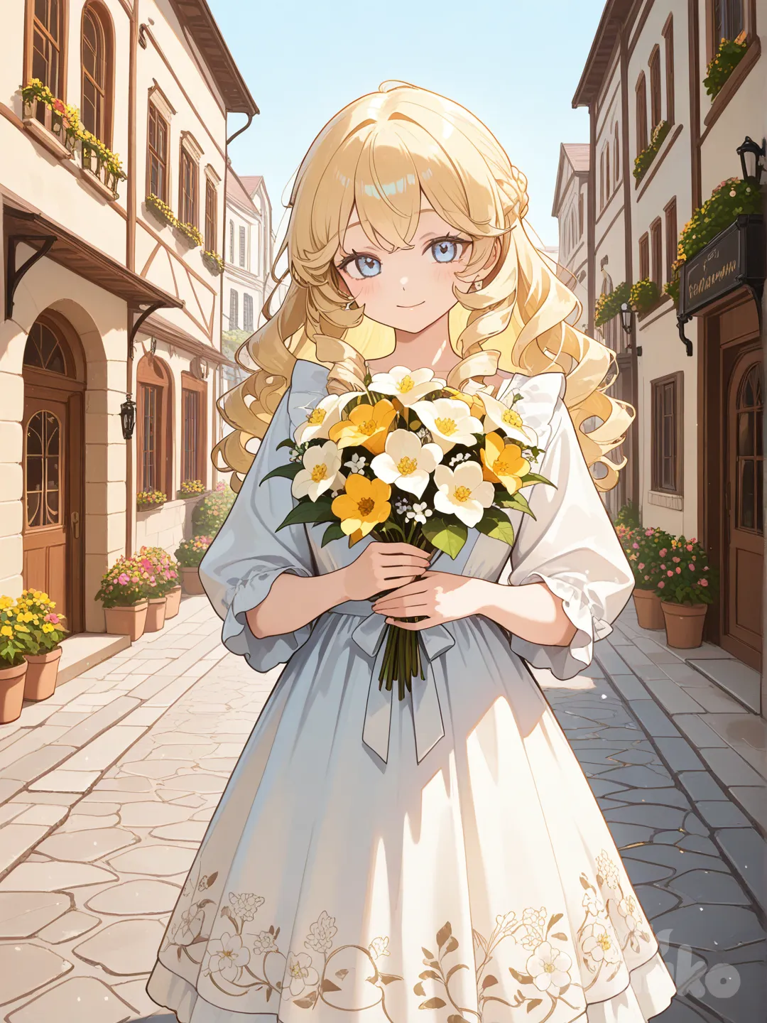 Scene: Old European street during spring
Girls: 1
Appearance: Light blue eyes, blonde curls, floral dress
Action: Carrying a small bouquet