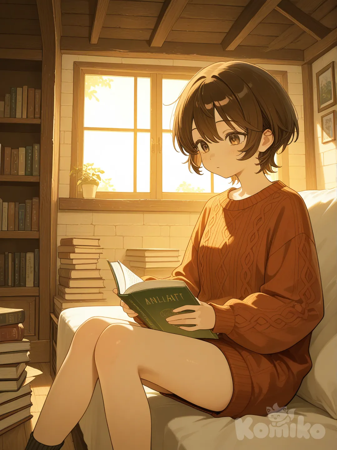 Scene: Cozy attic room full of books
Girls: 1
Appearance: Hazel eyes, brown short hair, oversized sweater
Action: Sitting by a small window reading
