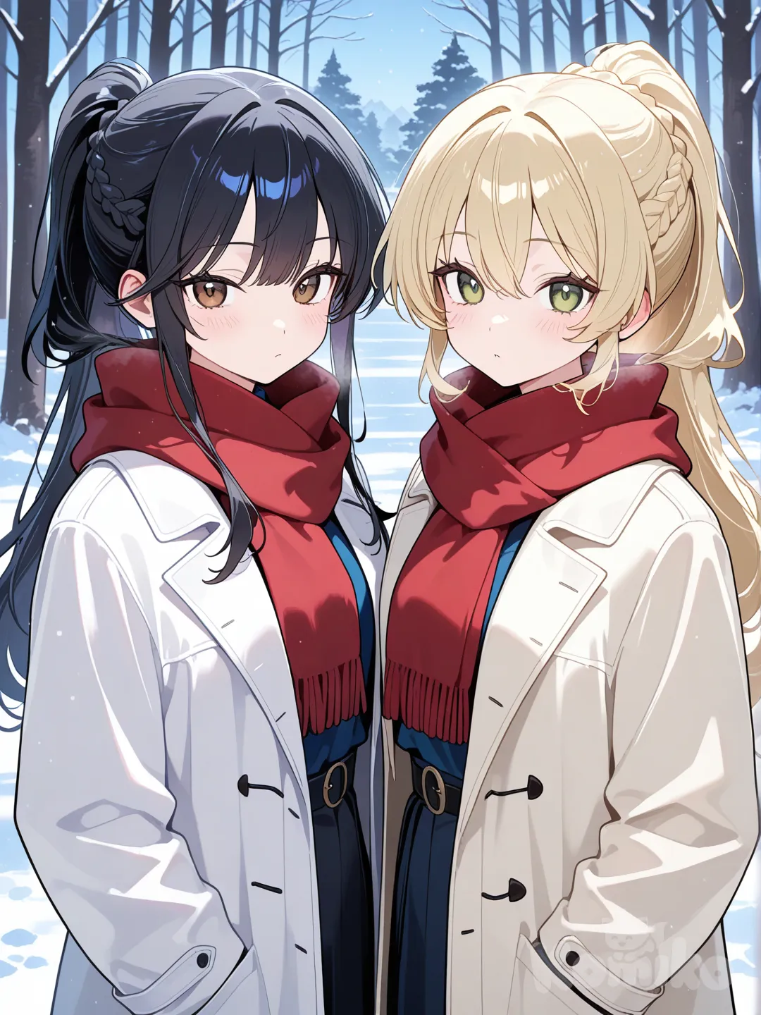 Girl 1: Green eyes, blonde braid, red scarf
Girl 2: Brown eyes, black ponytail, white coat