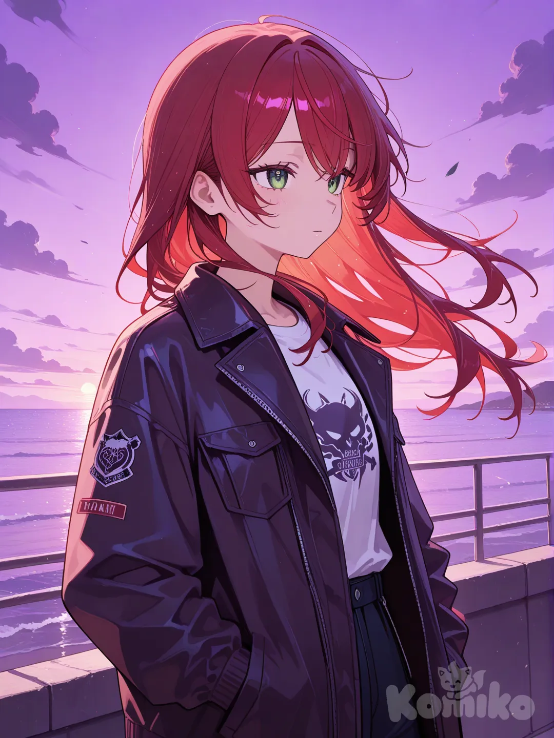 Scene: Purple storm sunset
Girls: 1
Appearance: Green eyes, red hair, windblown jacket
Action: Watching the horizon