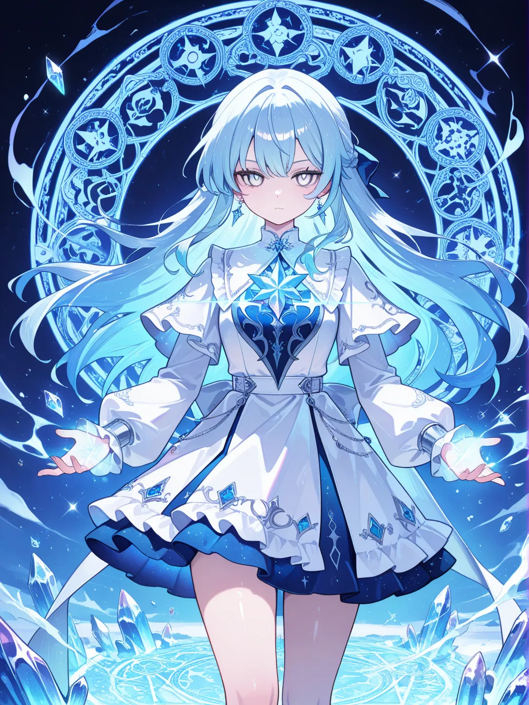 Ice mage girl summoning frost crystals; long blue hair, pale eyes, shimmering dress.
