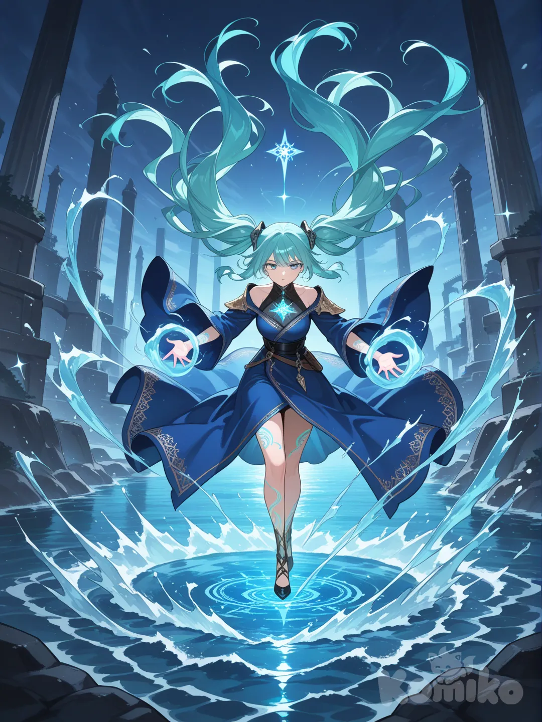 Action: Controls massive water serpents in battle.
Appearance: Flowing blue robes, wave tattoos, long aqua hair.