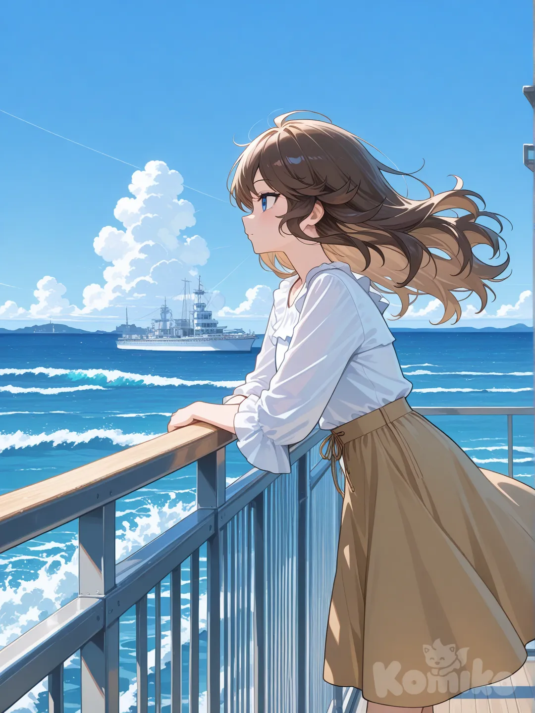 On a ferry deck, a girl leans on the railing, hair blowing in the sea breeze.