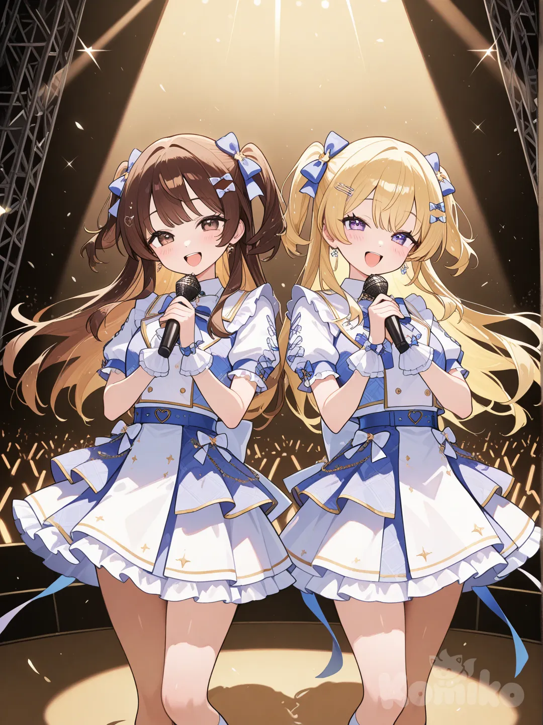 2girls, on a stage, microphone in both of their hands, bow in both of their hair, brown hair, blonde hair