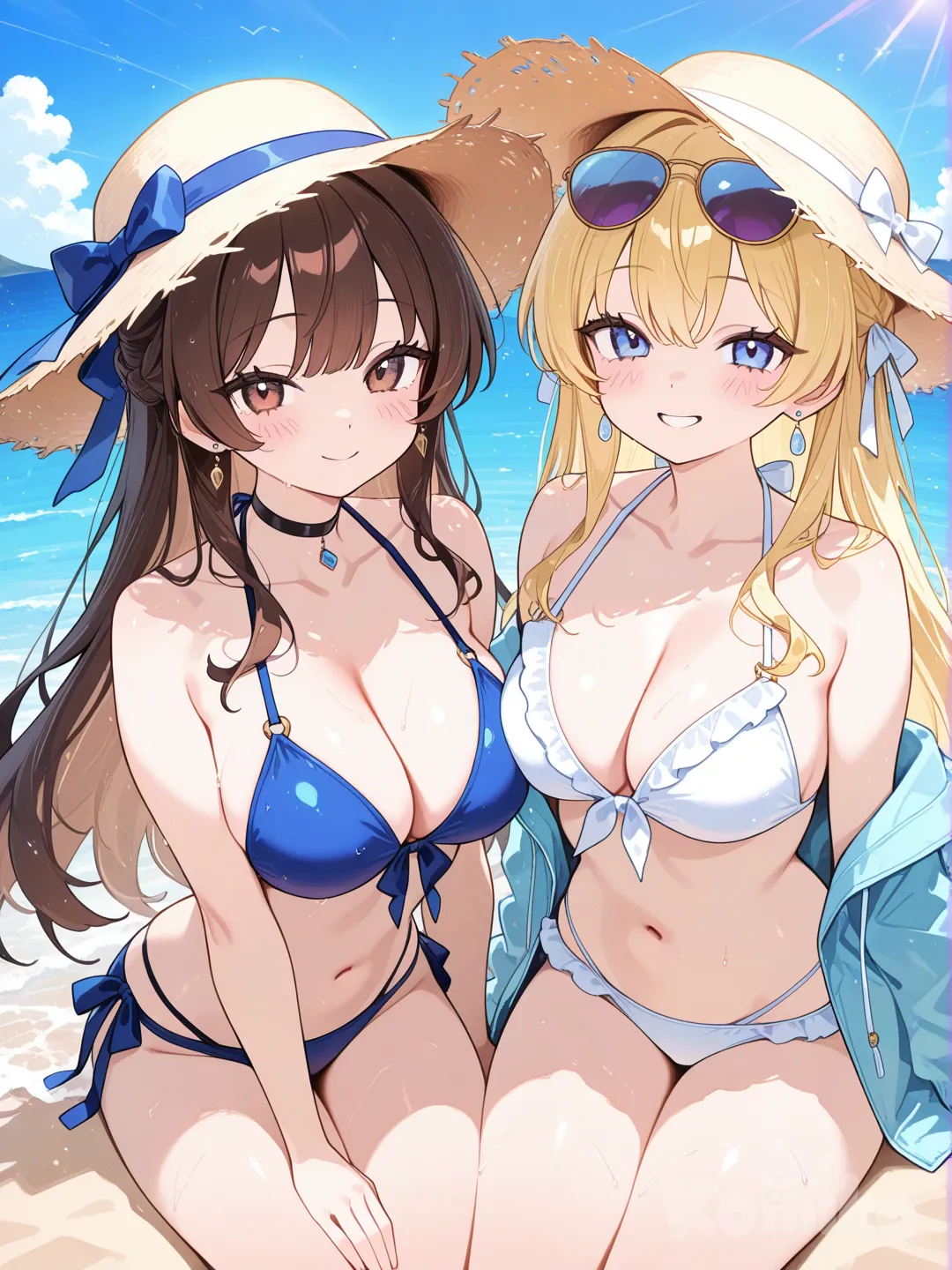 2girls, beach, blush, sun glasses, hat, blonde hair, brown hair