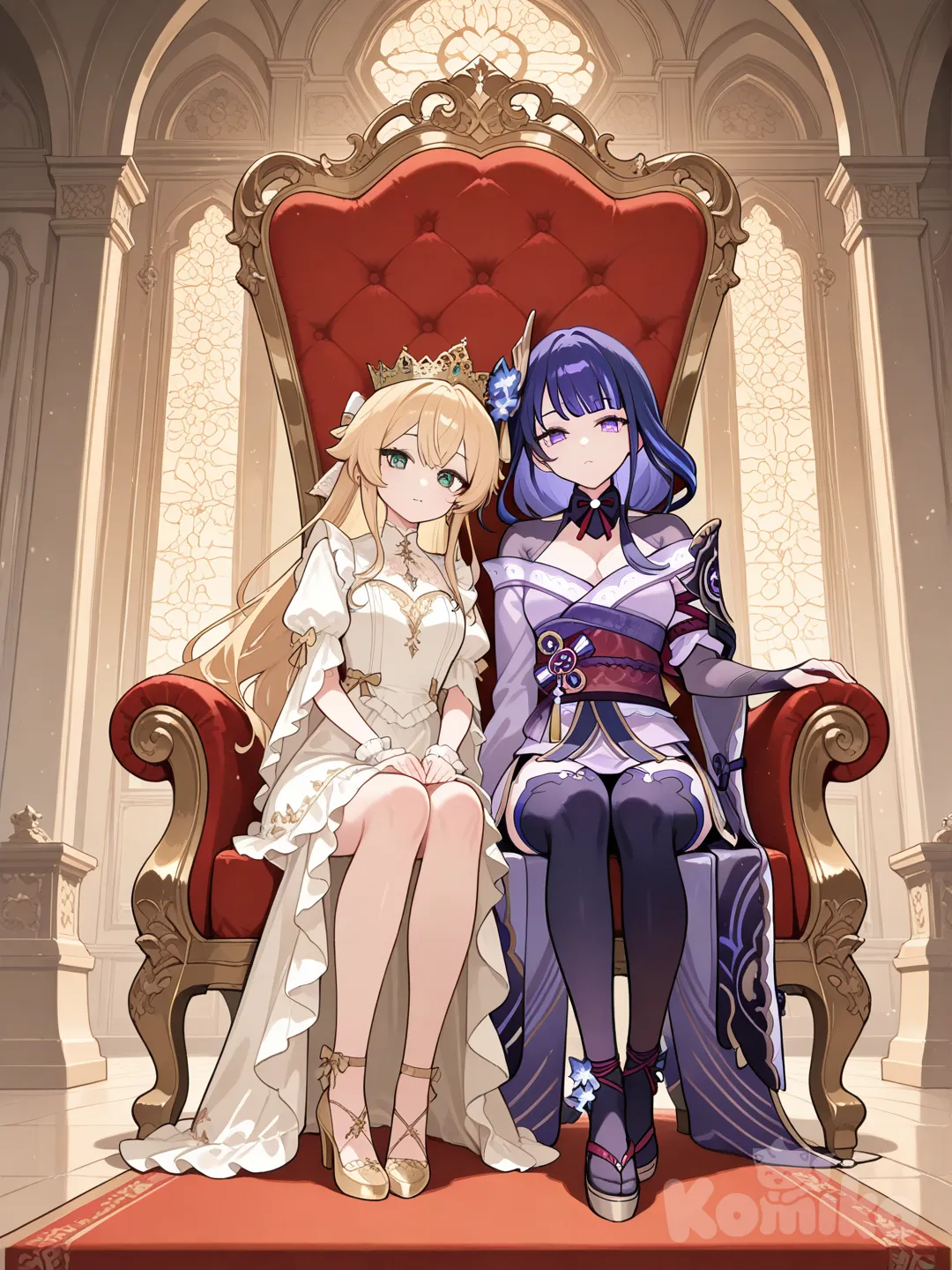 2girls, @Raiden_Shogun,blonde hair,brown hair, crowns, blue eyes, green eyes, dress, royal chair