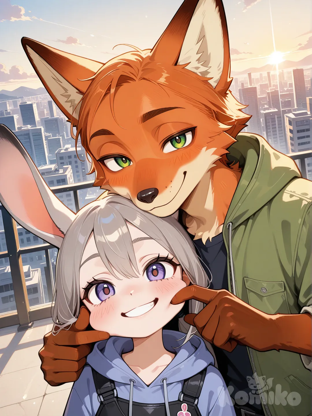 @Nick_Wilde, smile, face pinching, @Judy_Hopps, v sign, blush, upper body, day, cityscape