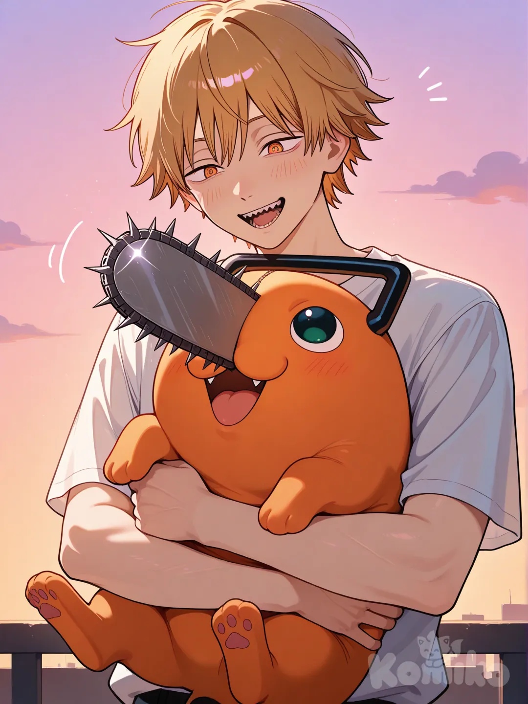 @Denji_(Chainsaw_Man), laughing, smile, hugging, @Pochita_(Chainsaw_Man), upper body, twilight, clean background