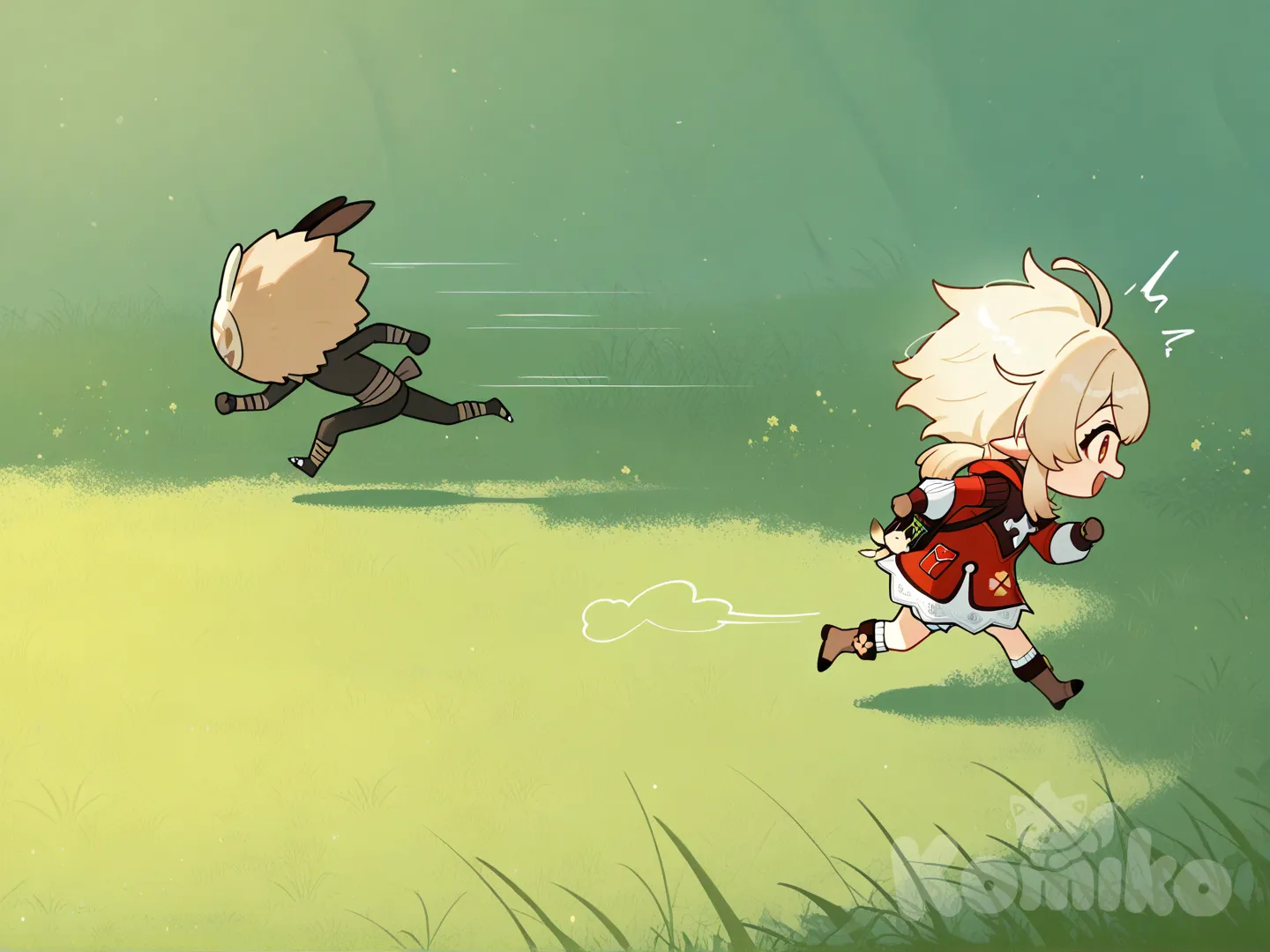 @Hilichurl_(Genshin_Impact), Run away, shocked
@Klee_(Genshin_Impact), Running and chasing, laughing