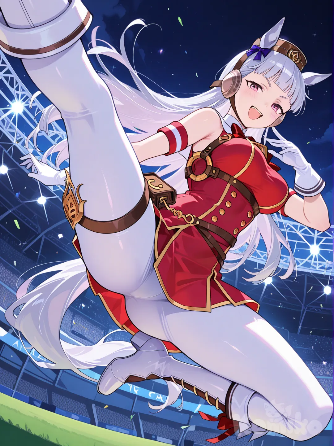 @Gold_Ship_(Umamusume), Jump kick, smile, laughing, looking at viewer, stadium