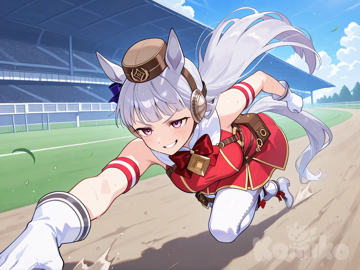 Gold Ship (Umamusume) , light-coloured grey horse, horse, race course, running, running track, smirk, smile, medium long shot, full body