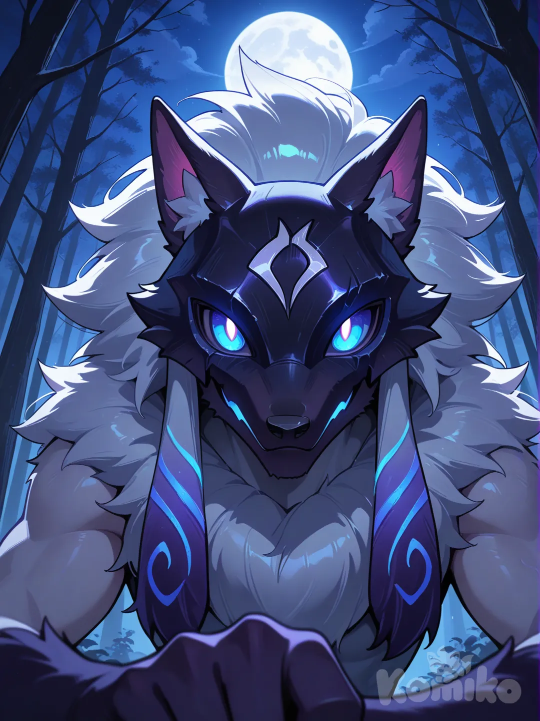 @Kindred_(League_Of_Legends), @Wolf_(League_Of_Legends), forest, night, Wolf_smirk, Kindred_pointing at viewer, looking at viewer, closeup