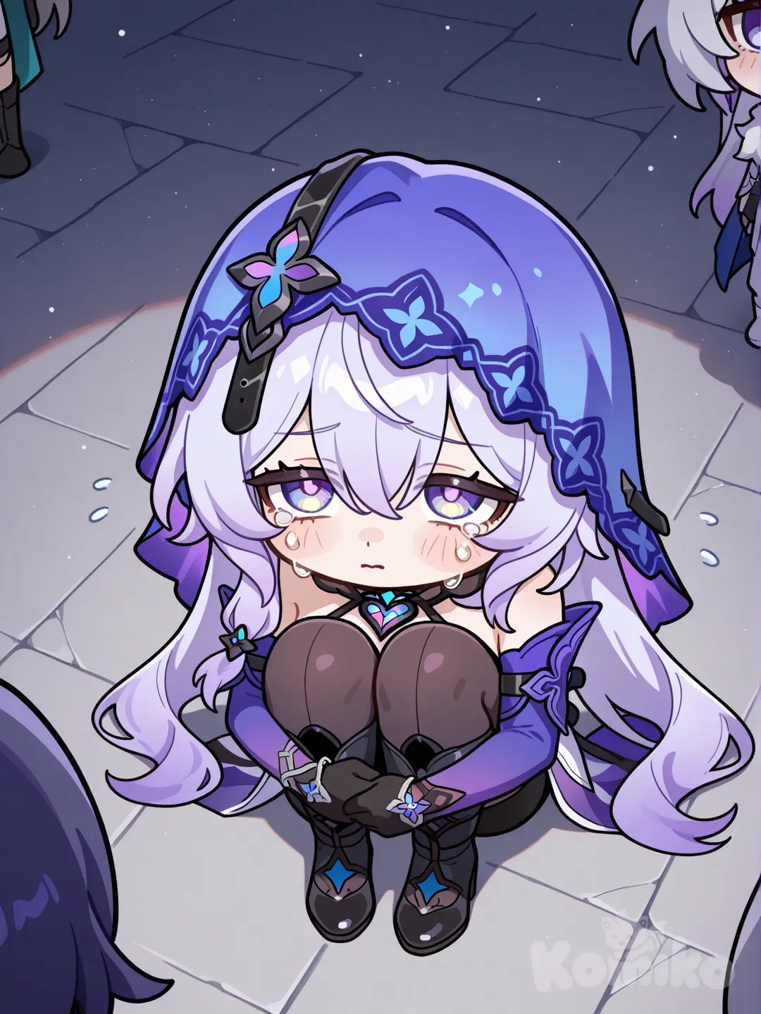 @Black_Swan_(Honkai:Star_Rail), @Acheron_(Honkai:Star_Rail), evernight_(Honkai:Star_Rail), The dahlia_(Honkai:Star_Rail) ,Black Swan is a chibi-style character, Hugs knees, tears well up ,The other three were surrounding him; their faces were not visible, only their legs were visible.