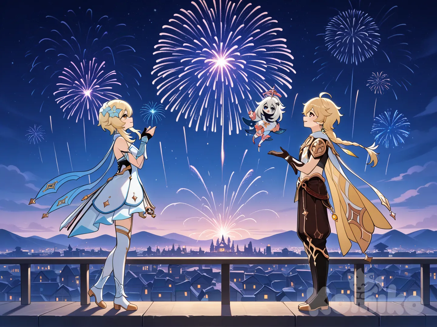 @Lumine_(Genshin_Impact), @Paimon_(Genshin_Impact), @Aether_(Genshin_Impact), full body, Watching fireworks outside Mondstadt., night, 2girls, 1boy, Paimon fly