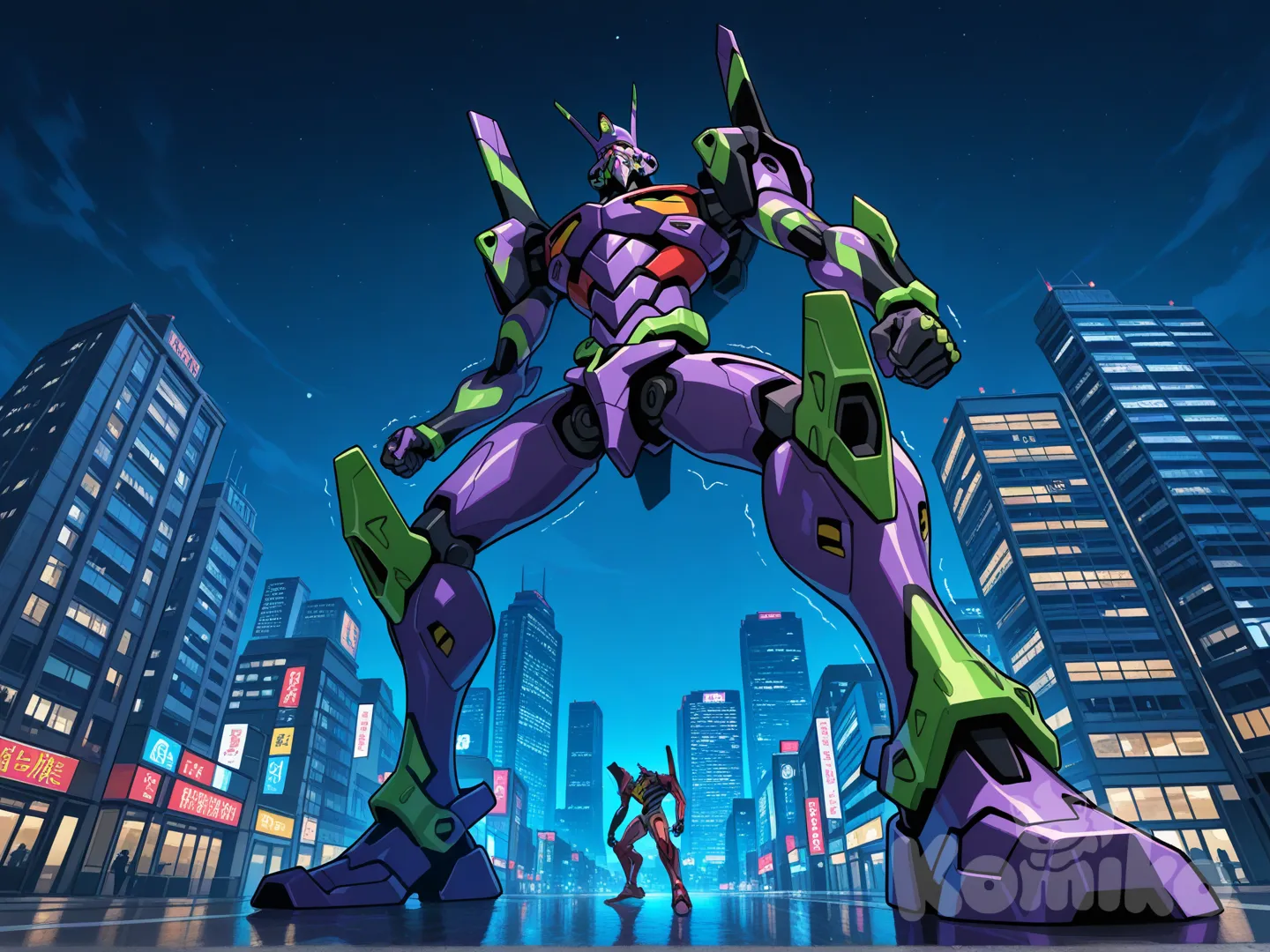 @Eva_01 bowed his head in remorse, while @Eva_02 grumbled to @Eva_01, full body, wide shot, skyscraper, cityscape,They are taller than buildings.