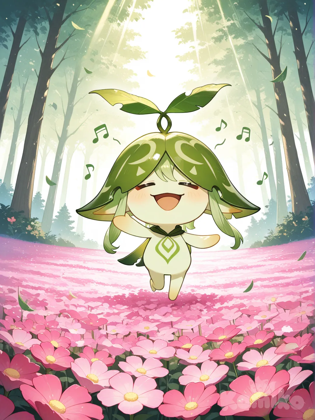 @Aranara_(Genshin_Impact), singing, forest, leaves falling, flower field