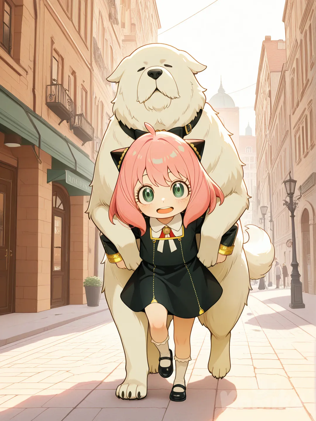 @Anya_(Spy_X_Family) a rides on the back of a great Pyrenees wearing a black bow tie as a collar, running on a city sidewalk in broad daylight., cityscape, closeup