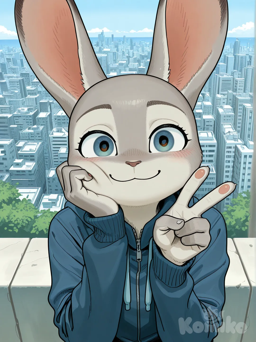 Nick Wilde, smile, face pinching, Judy Hopps, v sign, blush, upper body, day, cityscape , furry, [realistic-furry-style]