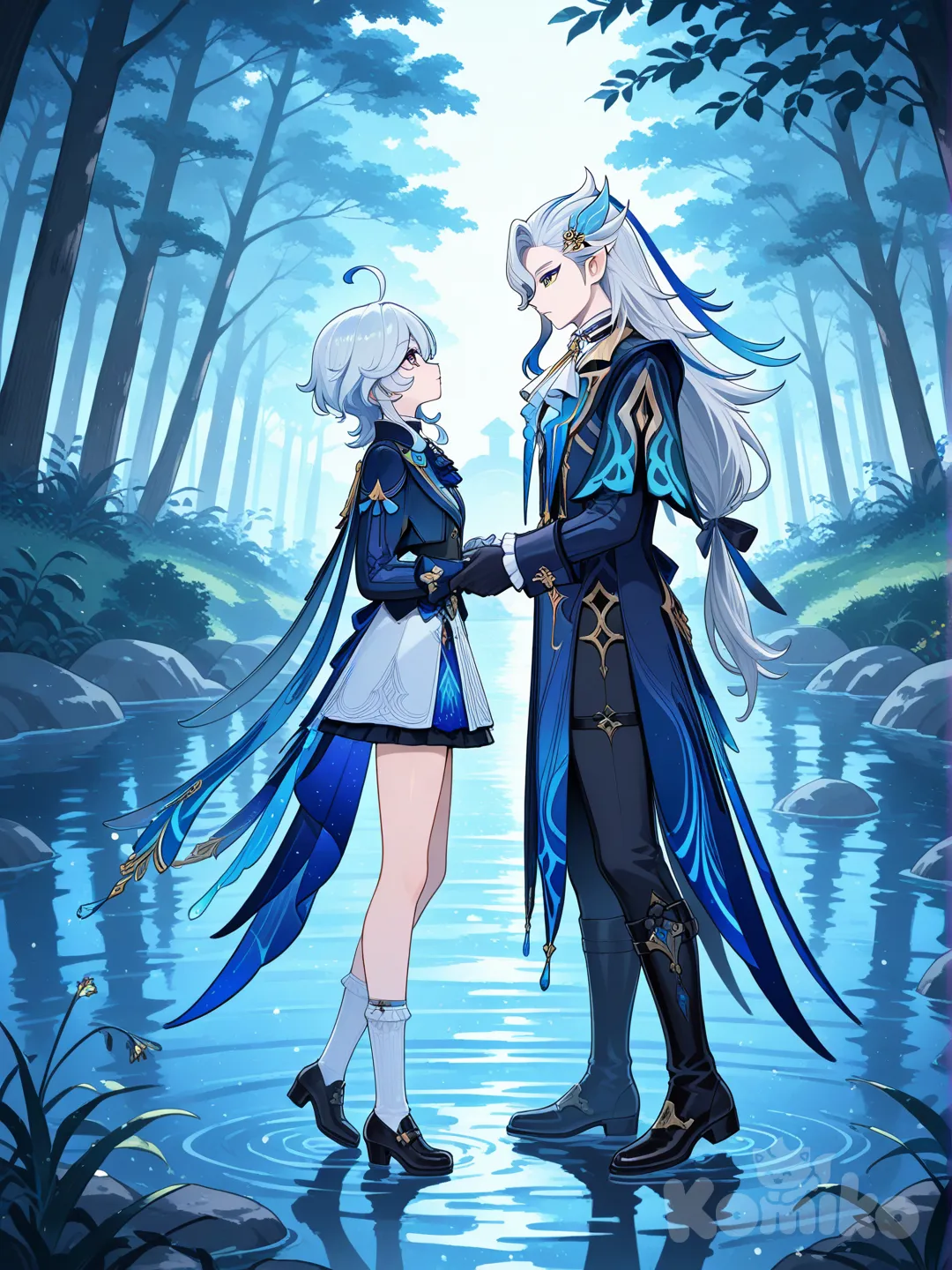 slime (genshin impact), @Neuvillette_(Genshin_Impact), expressionless, slime and Neuvillette Look at each other, full body, riverside