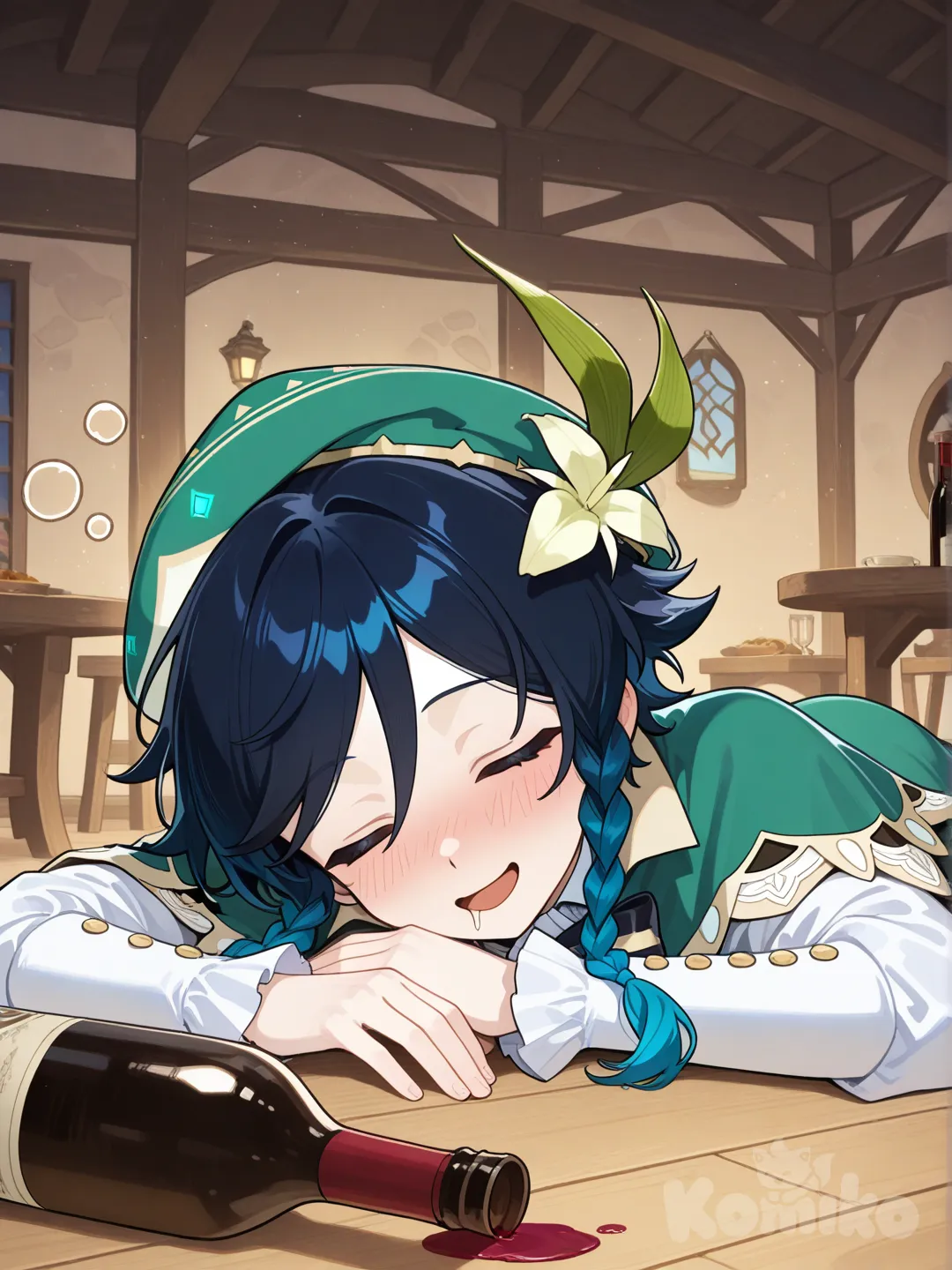 @Venti_(Genshin_Impact), lie on stomache, open mouth, smile, Drunk, asleep on the floor, wine bottle in right hand., village