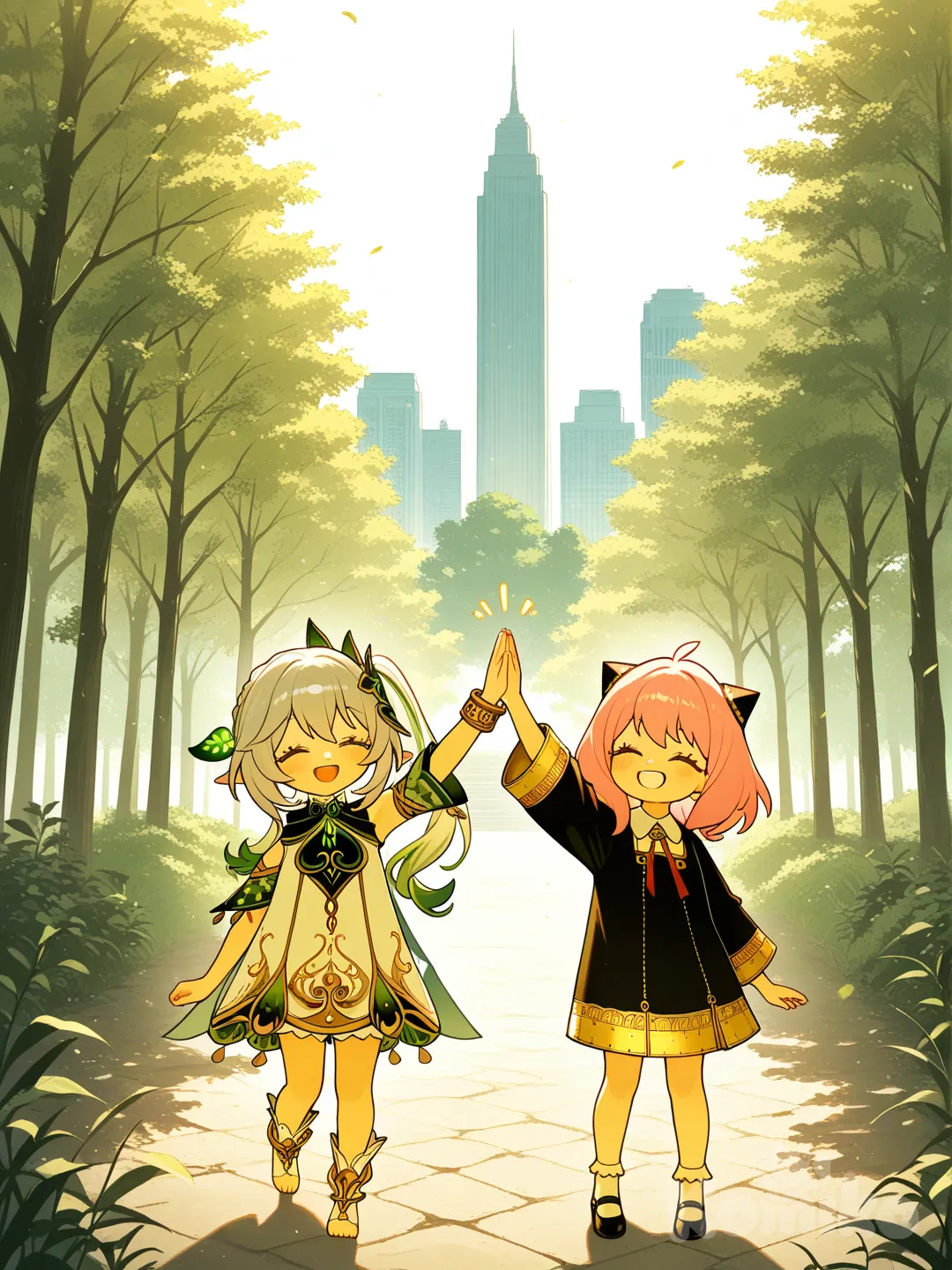 @Nahida_(Genshin_Impact), @Anya_(Spy_X_Family), high five, full body, forest, skyscraper