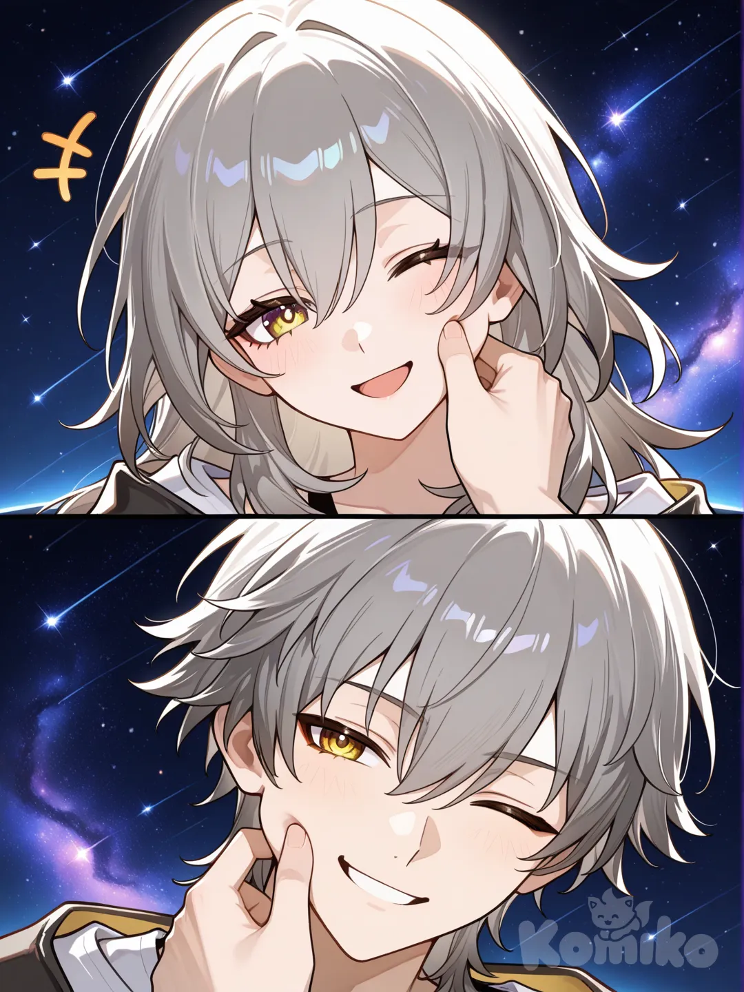 @Stelle_(Honkai:Star_Rail), @Caelus_(Honkai:Star_Rail), face pinching, head tilt, one eye closed, frown, laughing, cosmic background