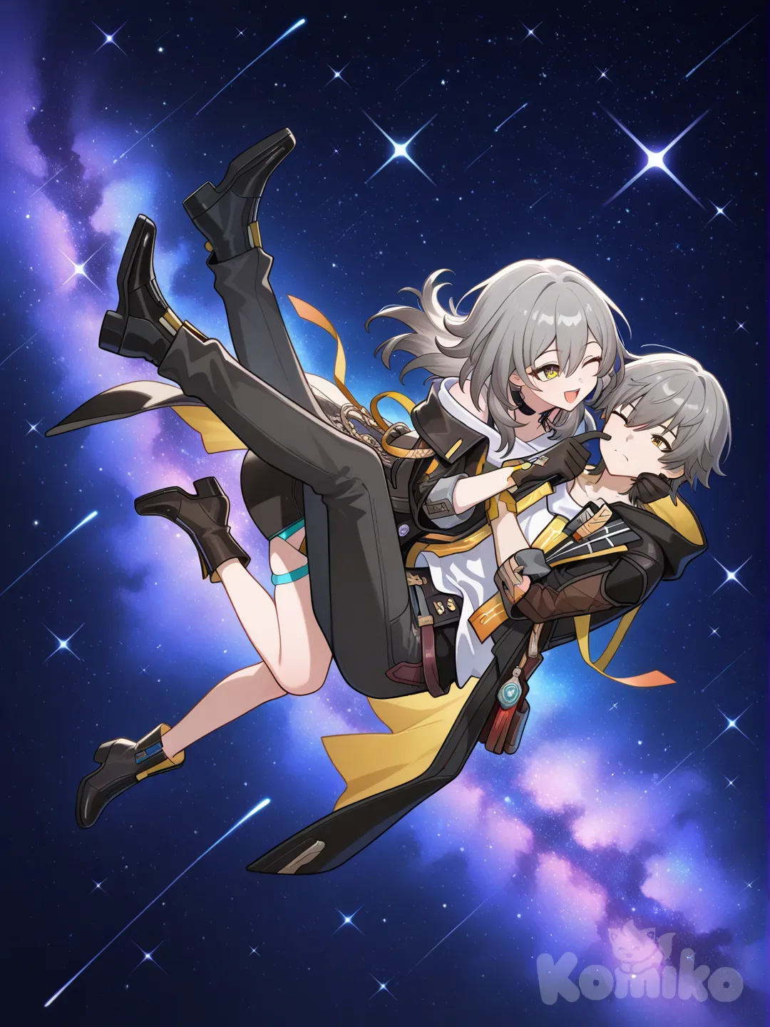 Stelle (Honkai:Star Rail), Caelus (Honkai:Star Rail), face pinching, head tilt, one eye closed, frown, laughing, cosmic background, starry sky, full body, panoramic lens
