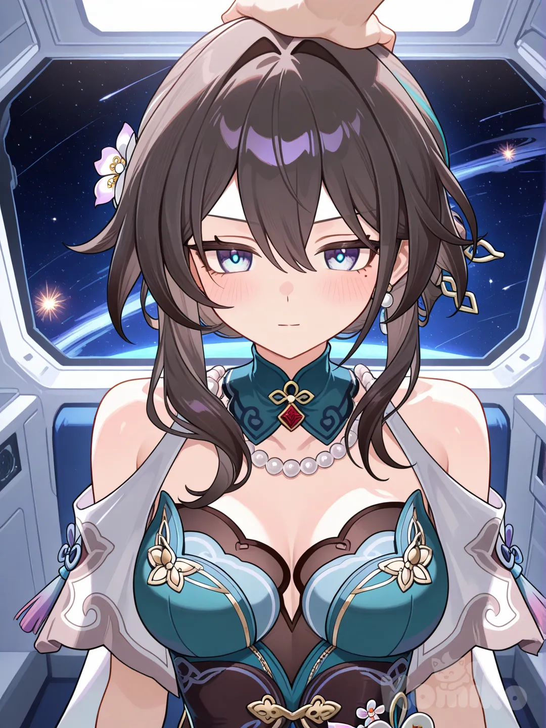 space station,@Ruan_Mei_(Honkai:Star_Rail),Smile, pat his head @Herta_(Honkai:Star_Rail), @Herta_(Honkai:Star_Rail), blush, expressionless, angry