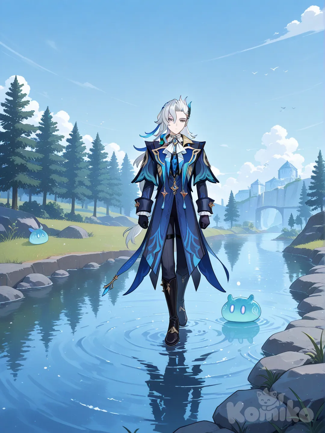 slime (genshin impact), @Neuvillette_(Genshin_Impact), expressionless, slime and Neuvillette Look at each other, full body, riverside