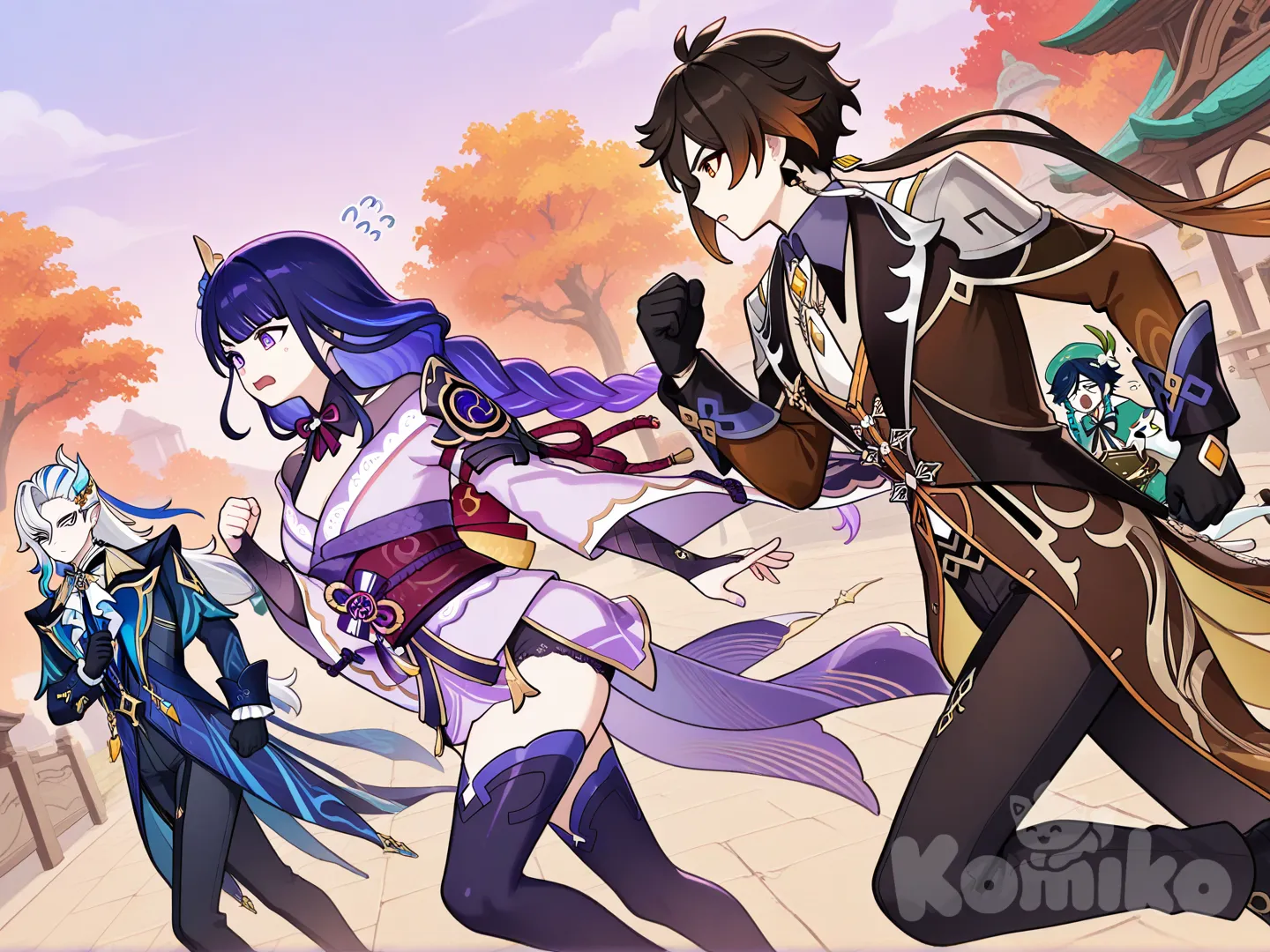 @Venti_(Genshin_Impact), @Raiden_Shogun, @Zhongli_(Genshin_Impact),Run away, @Neuvillette_(Genshin_Impact),Running after