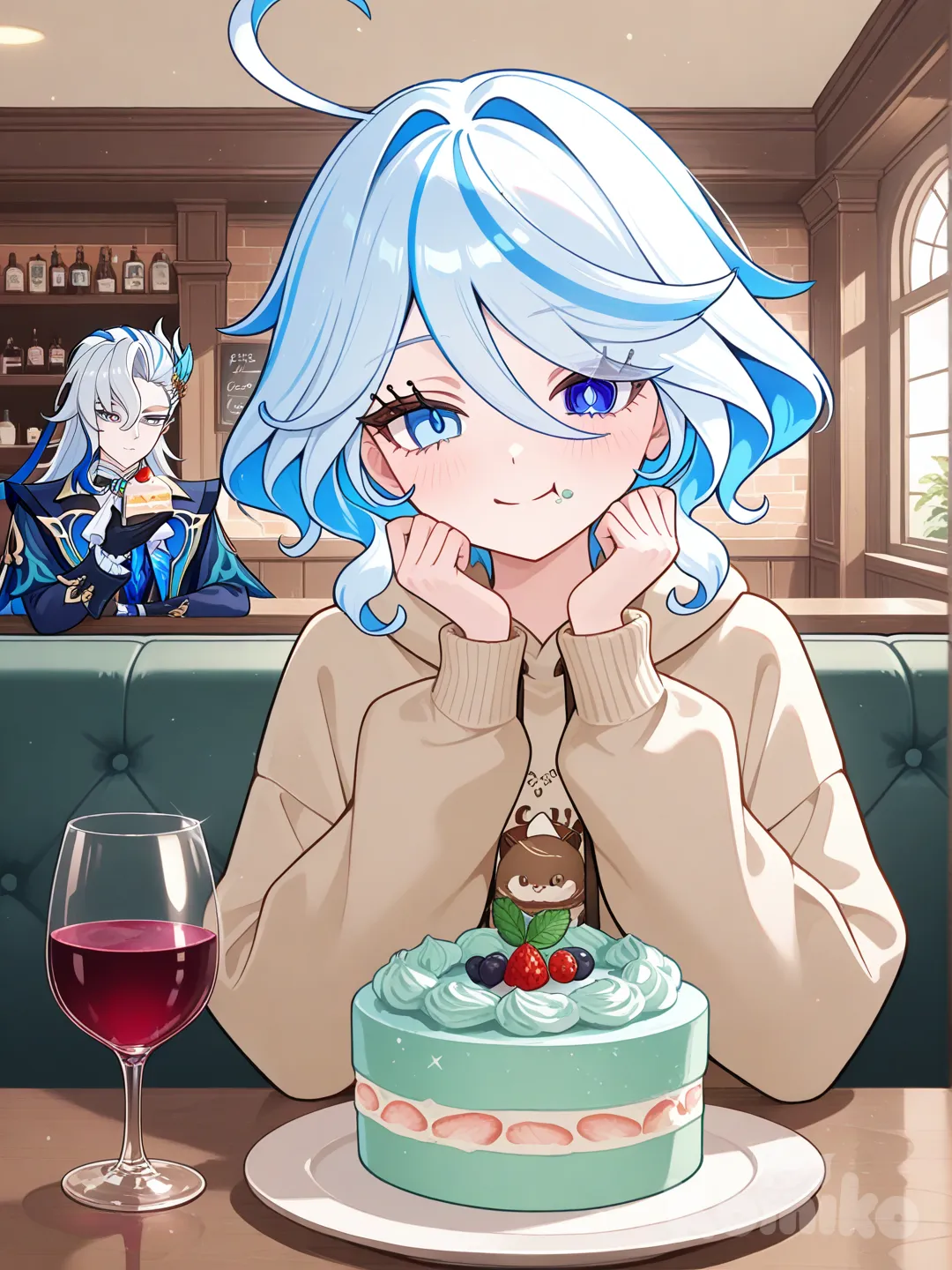 (@Neuvillette_(Genshin_Impact), Sip the water from the wine glass), (@Furina_(Genshin_Impact), I'm eating a mint green cake.), smile, closeup, cafe